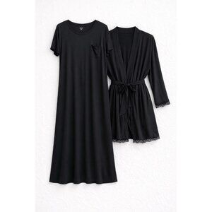 State of Day Macy’s 2pc Sleepwear Modal Bundle M Black Long Gown & Robe New